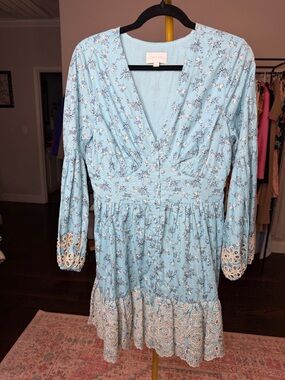 Anthropologie A Collective Story Floral V-Neck Long Sleeve Dress with Lace Trim